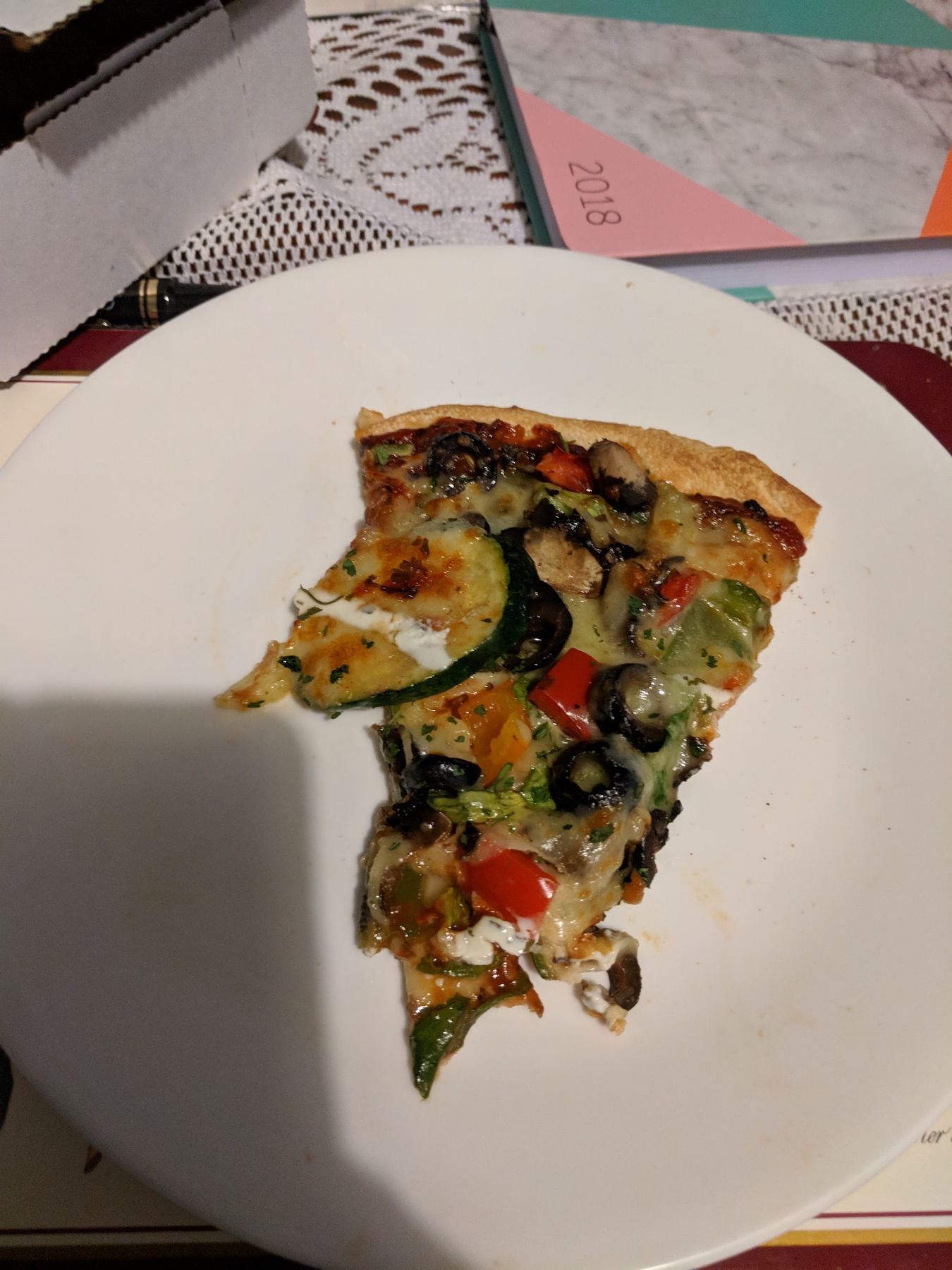 A loaded vegetarian slice with zucchini, olives, capsicum and mushroom